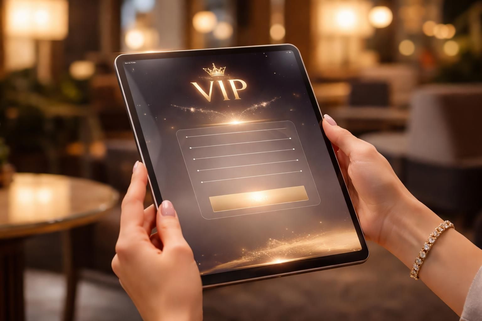 Fidélisation sans papier : inscription VIP élégante sur tablette tactile