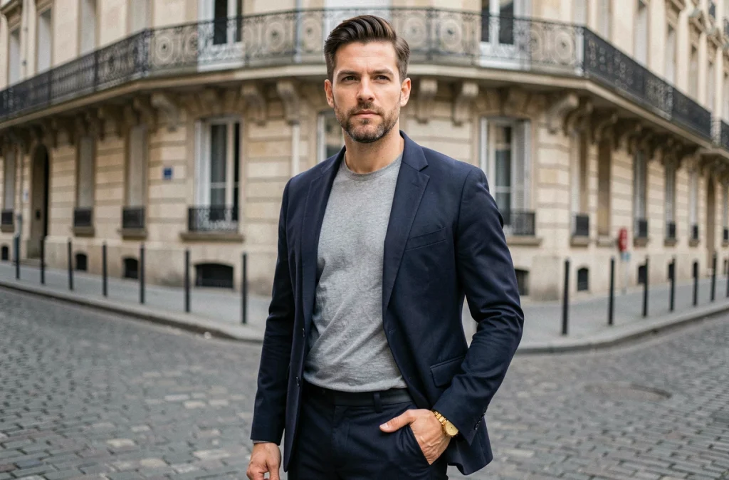 Homme élégant portant une bague Cartier Love en or dans une rue parisienne avec un blazer marine