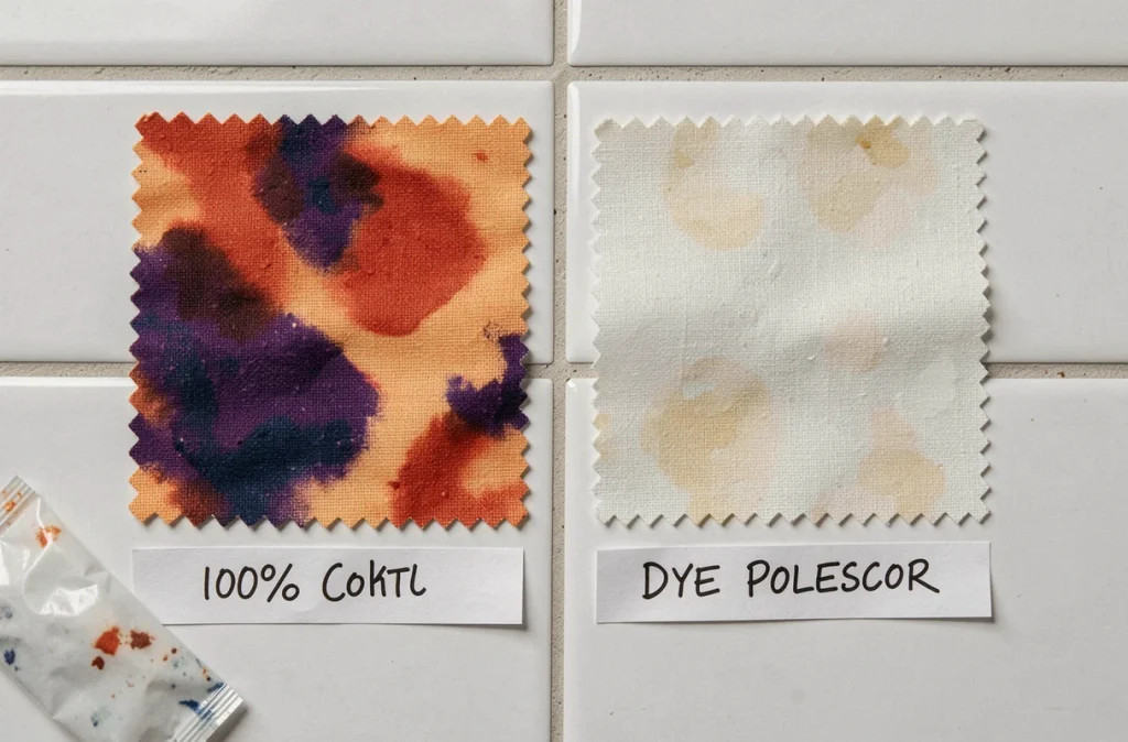 Comparaison de deux échantillons de tissu teints, coton et polyester, montrant la différence d'absorption de la teinture textile