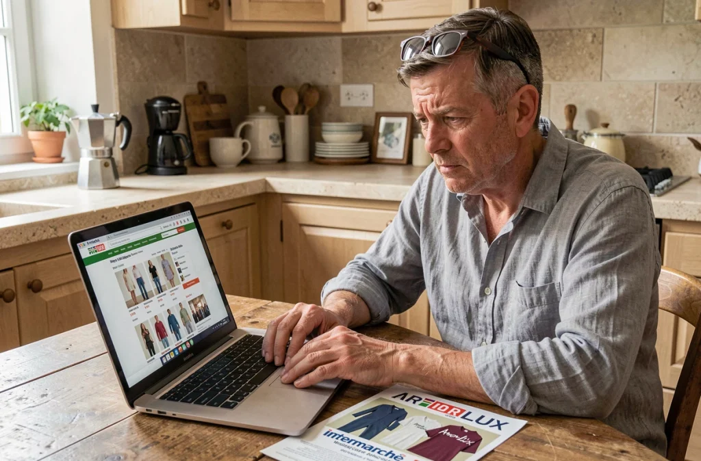 Homme comparant les ventes privées en ligne et le prospectus Intermarché Armor Lux sur ordinateur portable