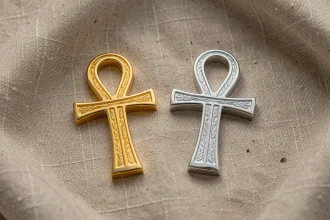 Croix ankh en or et en argent posées côte à côte sur un tissu en lin naturel, comparaison des deux métaux