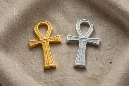 Croix ankh en or et en argent posées côte à côte sur un tissu en lin naturel, comparaison des deux métaux
