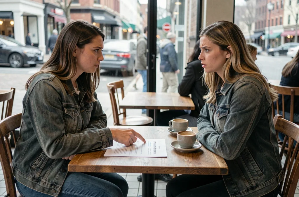 Deux femmes discutant d'avis négatifs et de la réalité d'un service marketing dans un café urbain
