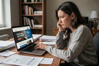 Femme déçue devant son ordinateur portable consultant des avis négatifs sur un service marketing trompeur