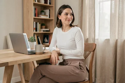 Femme en pantalon Halara confortable travaillant depuis son bureau à domicile avec un laptop et une tasse de café