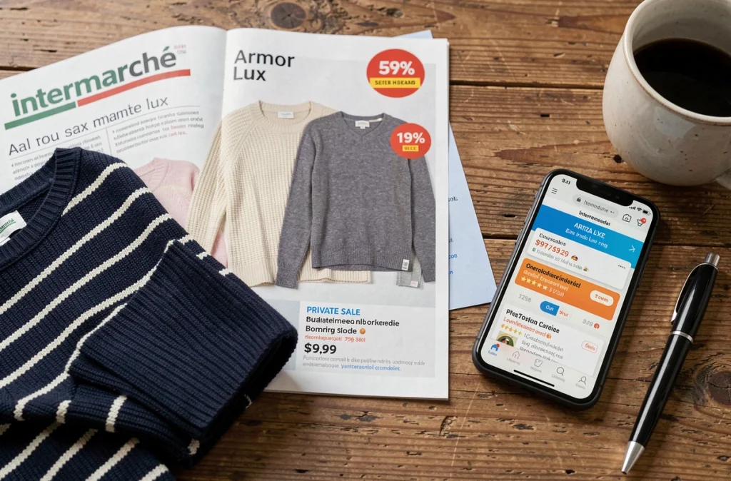 Flat lay du catalogue Intermarché Armor Lux et comparatif ventes privées en ligne sur smartphone