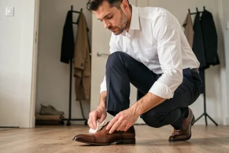 Homme cirant ses chaussures en cuir oxford rapidement avant un rendez-vous important dans un appartement moderne