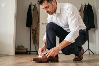 Homme cirant ses chaussures en cuir oxford rapidement avant un rendez-vous important dans un appartement moderne