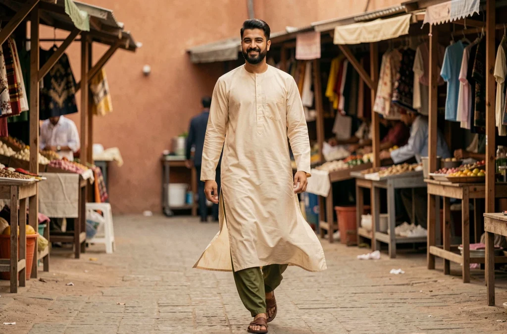 Homme musulman d'âge mûr marchant dans un marché traditionnel vêtu d'un sarouel vert olive et d'une kurta crème, mode islamique traditionnelle élégante