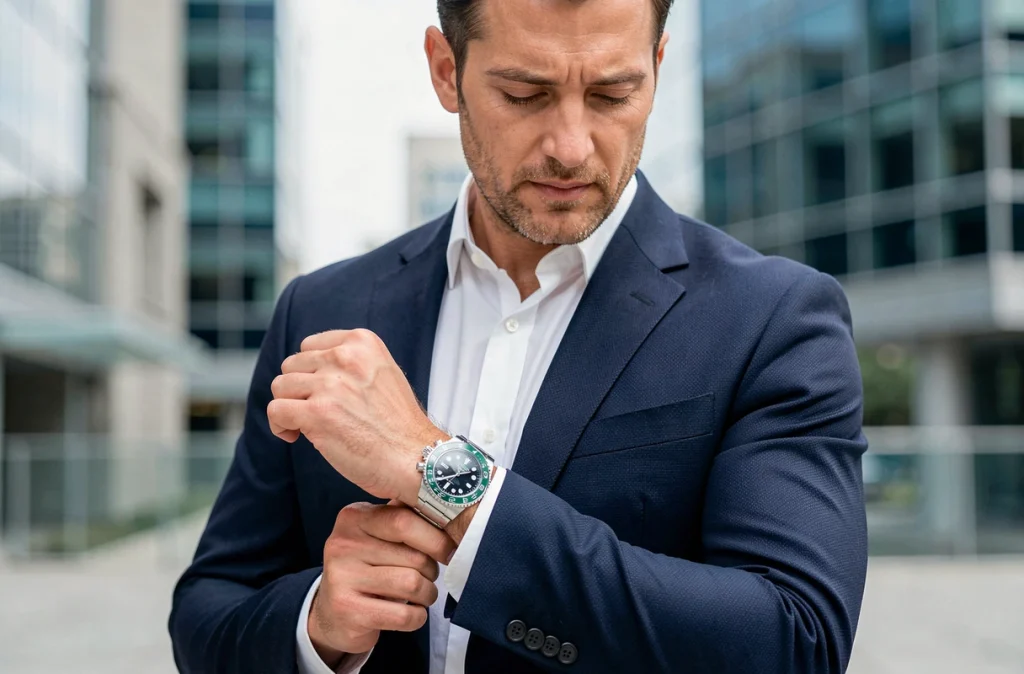 Homme en costume bleu marine portant une Rolex GMT-Master II 126710GRNR au poignet devant une façade urbaine en verre, portrait trois quarts éditorial