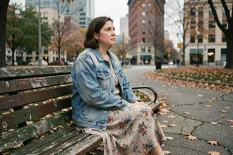 Femme seule sur un banc de parc urbain, regard perdu dans le vide, illustrant l'isolement et la santé mentale négligée