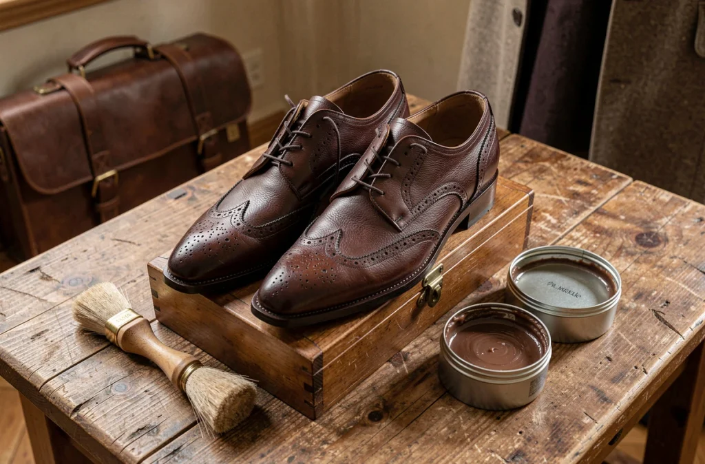Kit de cirage avec brosses et boîte de cirant posés à côté de chaussures brogues en cuir brun sur une table en bois