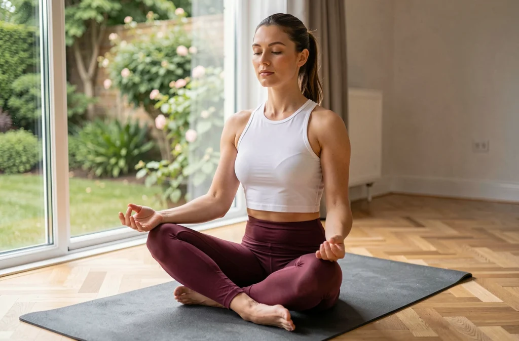 Femme en legging bordeaux gainant sur tapis de yoga dans un studio maison lumineux, ambiance bien-être et silhouette affinée