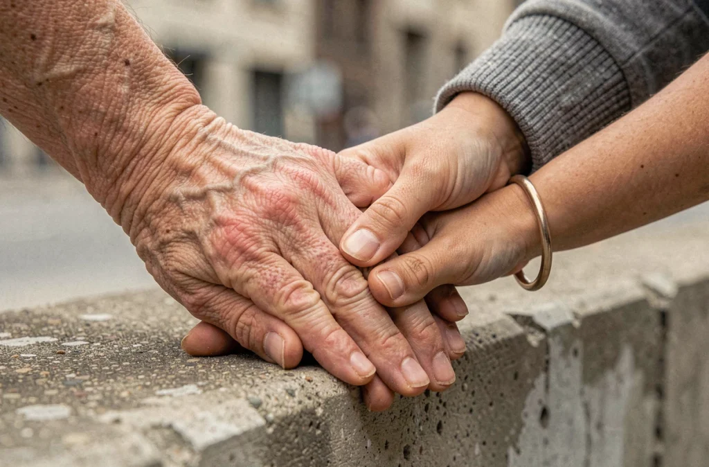 Deux mains enlacées dans un contexte de soutien émotionnel, symbolisant l'aide aux personnes en détresse psychologique et les signaux de souffrance ignorés