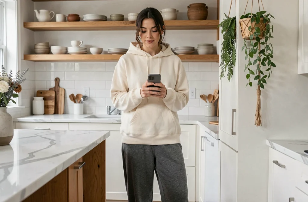Femme portant un pantalon large Halara gris dans une cuisine moderne pendant une journée de télétravail