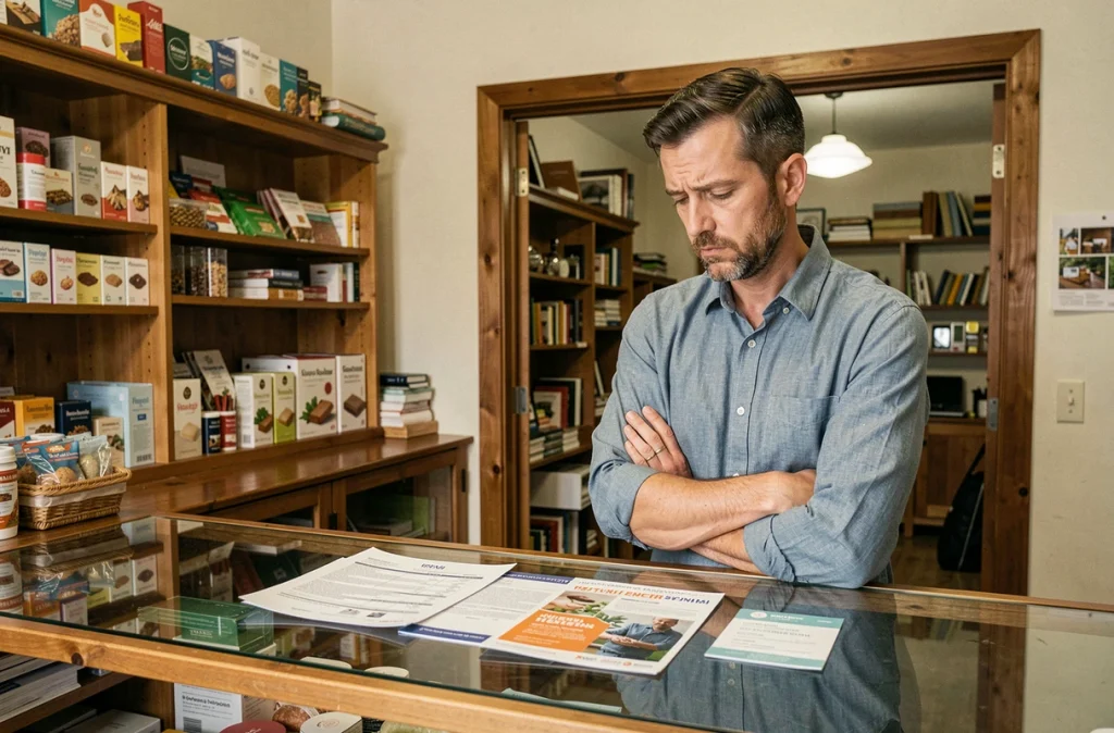 Propriétaire de petite entreprise comparant des promesses marketing et la réalité des résultats obtenus