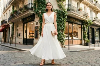 Femme élégante en robe blanche longue chic accessoirisée d'une ceinture dorée et sandales en cuir beige dans une rue parisienne