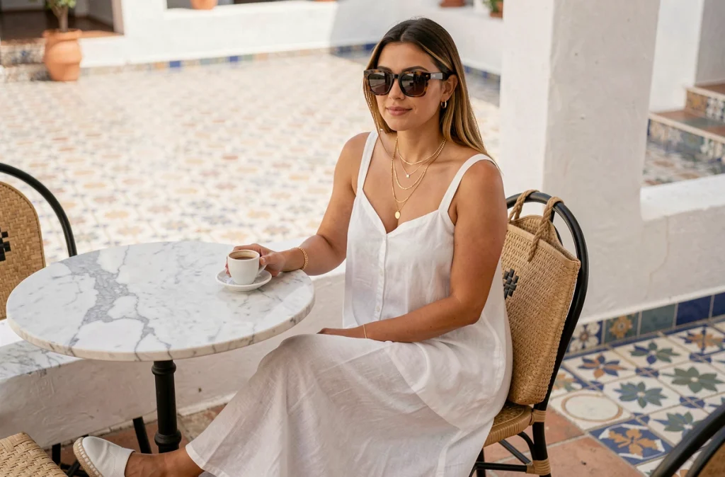 Femme en robe blanche longue en lin accessoirisée de lunettes de soleil écaille et colliers dorés sur une terrasse méditerranéenne