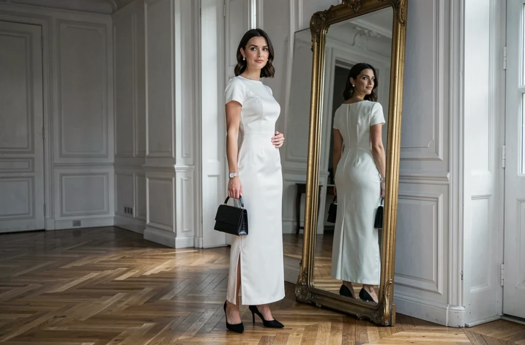 Femme en robe blanche longue en satin accessoirisée de perles et sac en cuir noir devant un miroir doré dans un appartement parisien chic