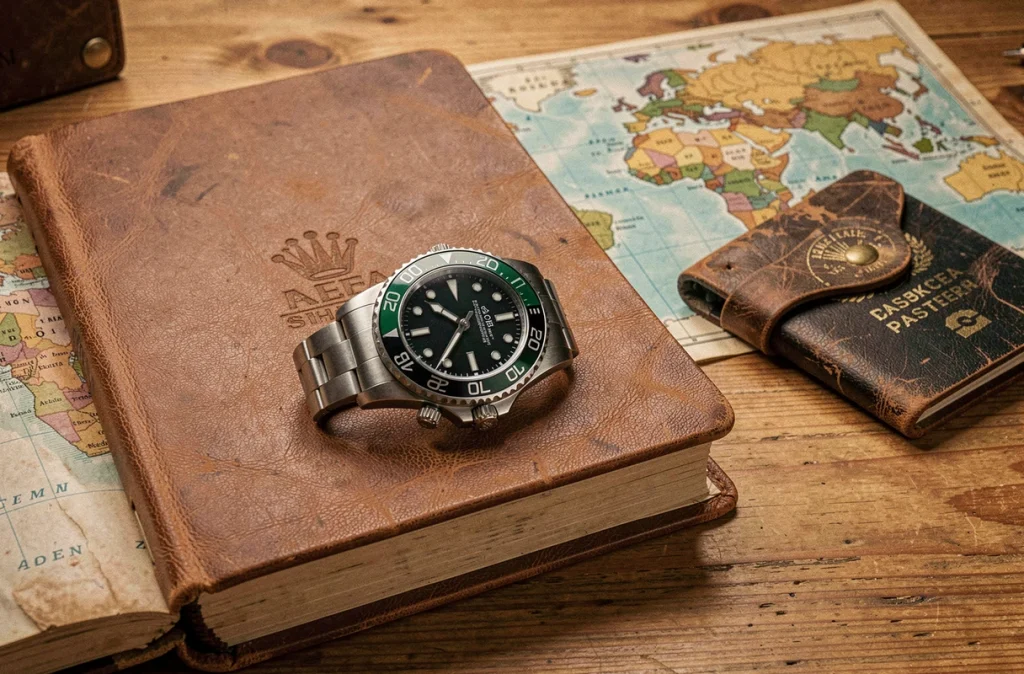 Rolex GMT-Master II 126710GRNR posée sur un carnet de voyage en cuir avec une carte du monde vintage et un porte-passeport sur un bureau en bois, composition éditoriale voyage