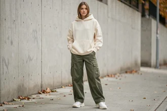 Jeune femme portant un hoodie oversize crème et un cargo wide-leg vert olive dans un cadre urbain en béton brut