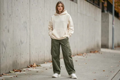 Jeune femme portant un hoodie oversize crème et un cargo wide-leg vert olive dans un cadre urbain en béton brut