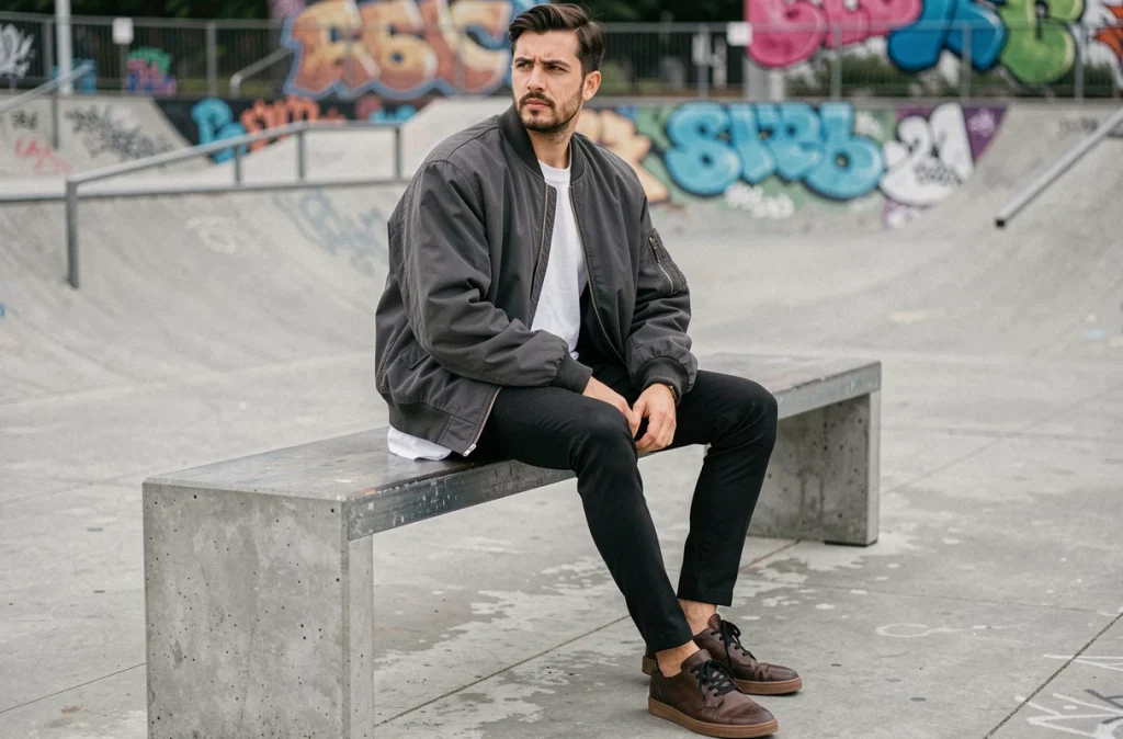 Homme en bomber jacket oversize gris anthracite et pantalon slim tapered assis dans un skate plaza urbain