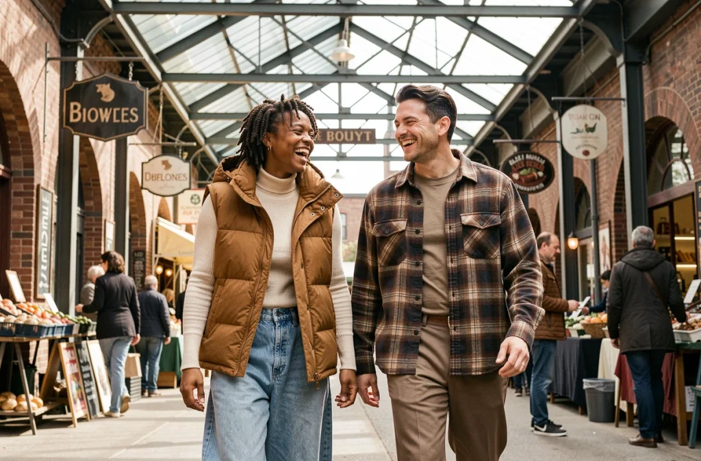Deux amis en tenues streetwear oversize layering marchant dans un marché couvert avec arches en briques
