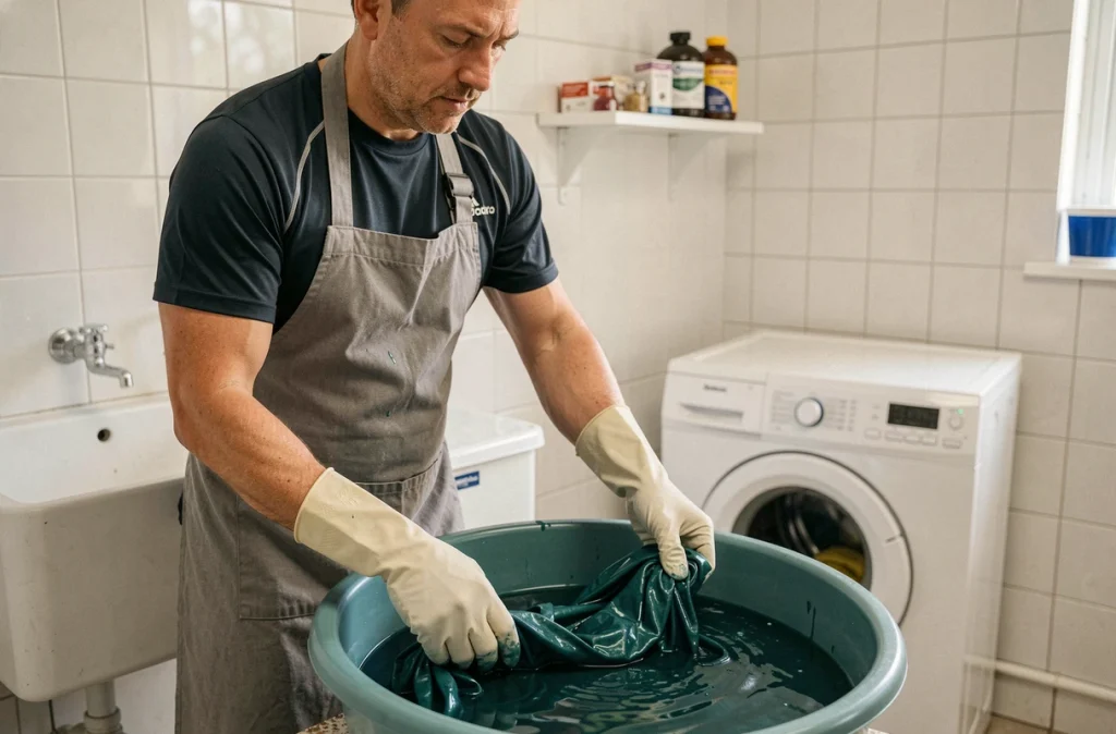 Homme en tablier teintant un vêtement en polyester dans un évier de buanderie avec une solution de teinture synthétique bleu sarcelle