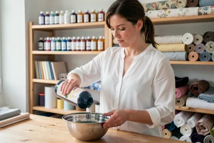 Femme versant une teinture spéciale polyester dans un bol en acier inoxydable sur une table de travail en bois dans un atelier de couture maison