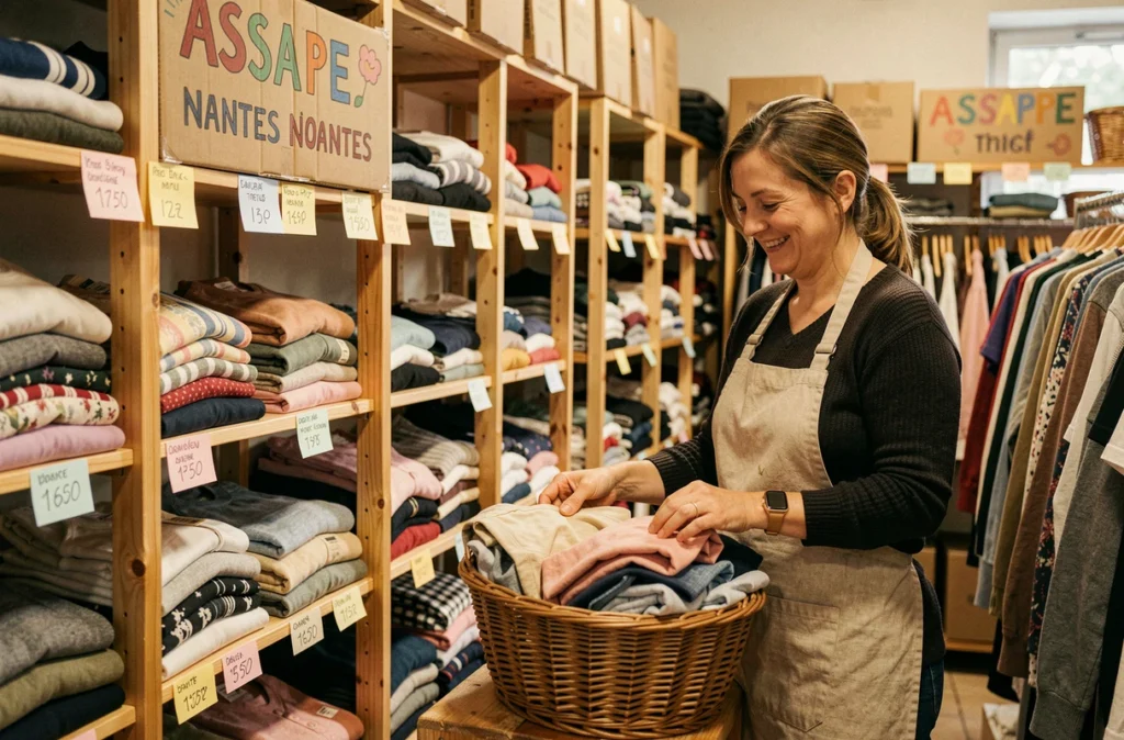 Une bénévole d'Assape trie des vêtements dans la friperie solidaire de Nantes avec des étagères en bois et une signalétique faite main