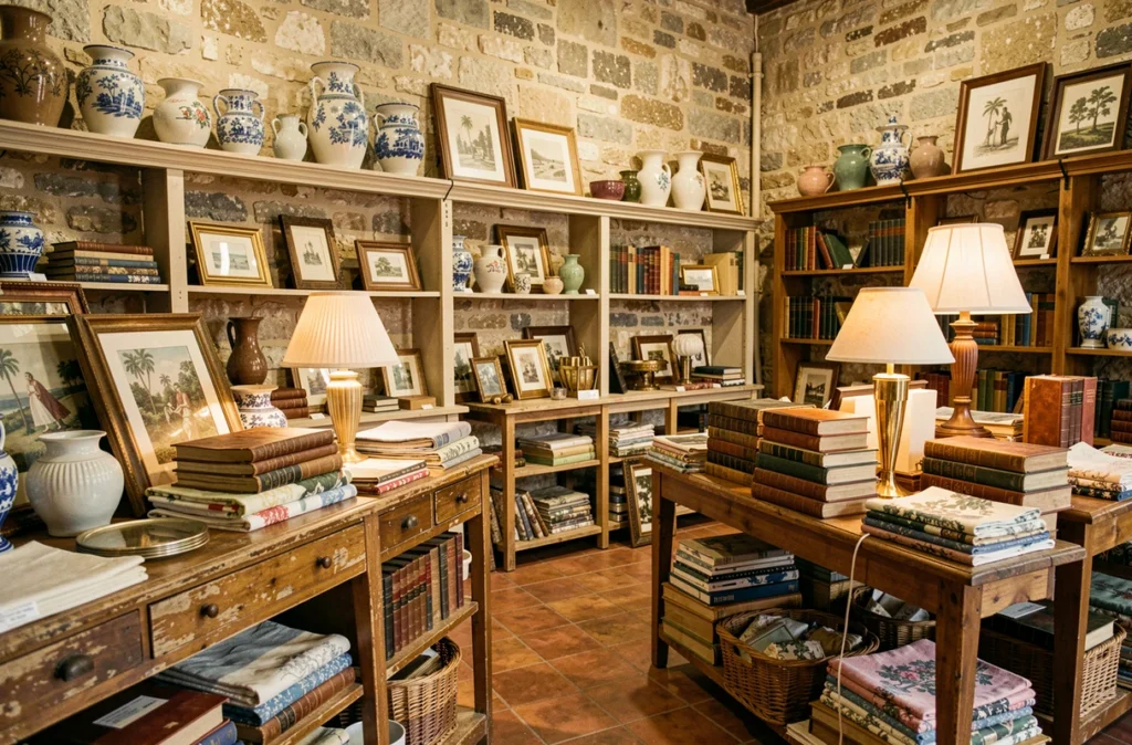 L'intérieur de l'Atelier Brocante à Saint-Gilles-Croix-de-Vie avec des objets vintage et anciens exposés sur des étagères en bois rustique et des tables de présentation