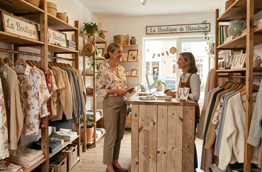 La Boutique de Blandine à Briec avec une cliente discutant avec la propriétaire parmi des vêtements artisanaux