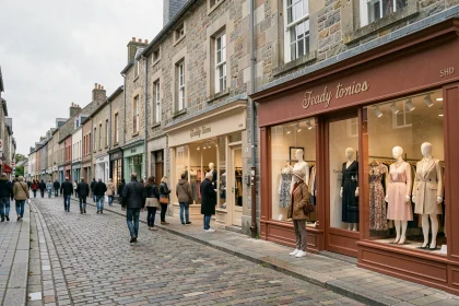 Rue commerçante du Finistère avec plusieurs boutiques de prêt-à-porter féminin aux façades bretonnes en pierre