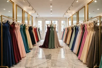 Intérieur d'une boutique de robes de soirée élégante dans le Nord de la France avec des robes colorées exposées sur des portants dorés