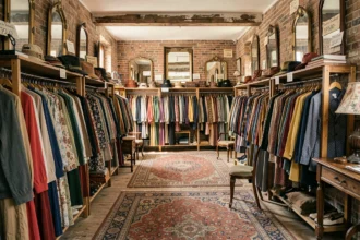 Vue intérieure d'une boutique vintage typique des Pays de la Loire avec des racks de vêtements colorés et une atmosphère chaleureuse et éclectique