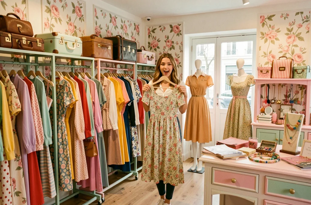 L'intérieur coloré et animé de la friperie Caram'Elle au Mans avec des mannequins vintage et des robes rétro sur des portants pastels