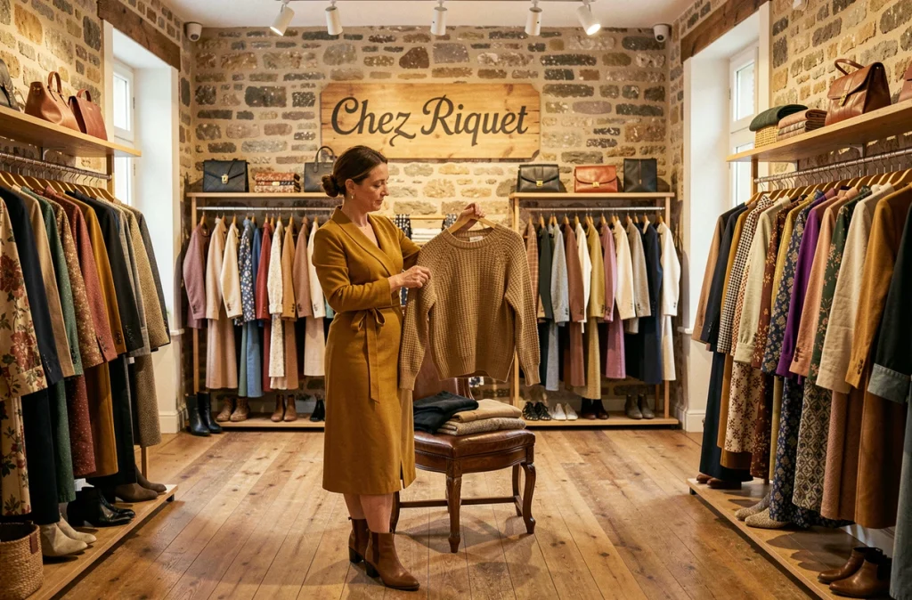 Boutique Chez Riquet à Brest avec son intérieur en pierre et une cliente examinant un pull en maille