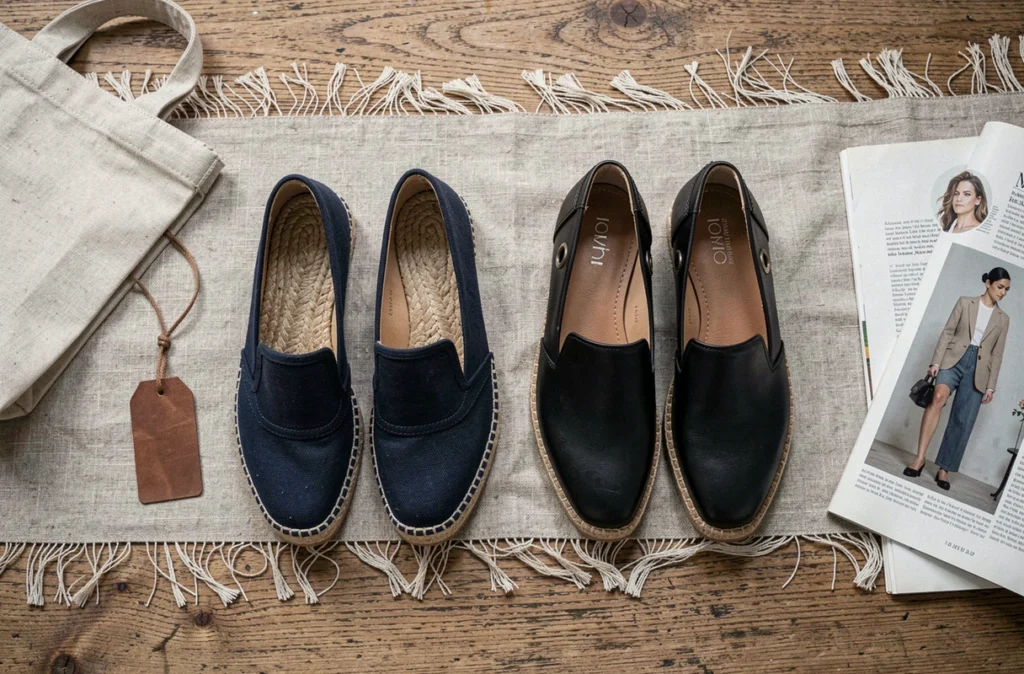 Comparaison flat lay entre une espadrille artisanale basque en toile marine et une espadrille de luxe en cuir noir sur table en bois rustique