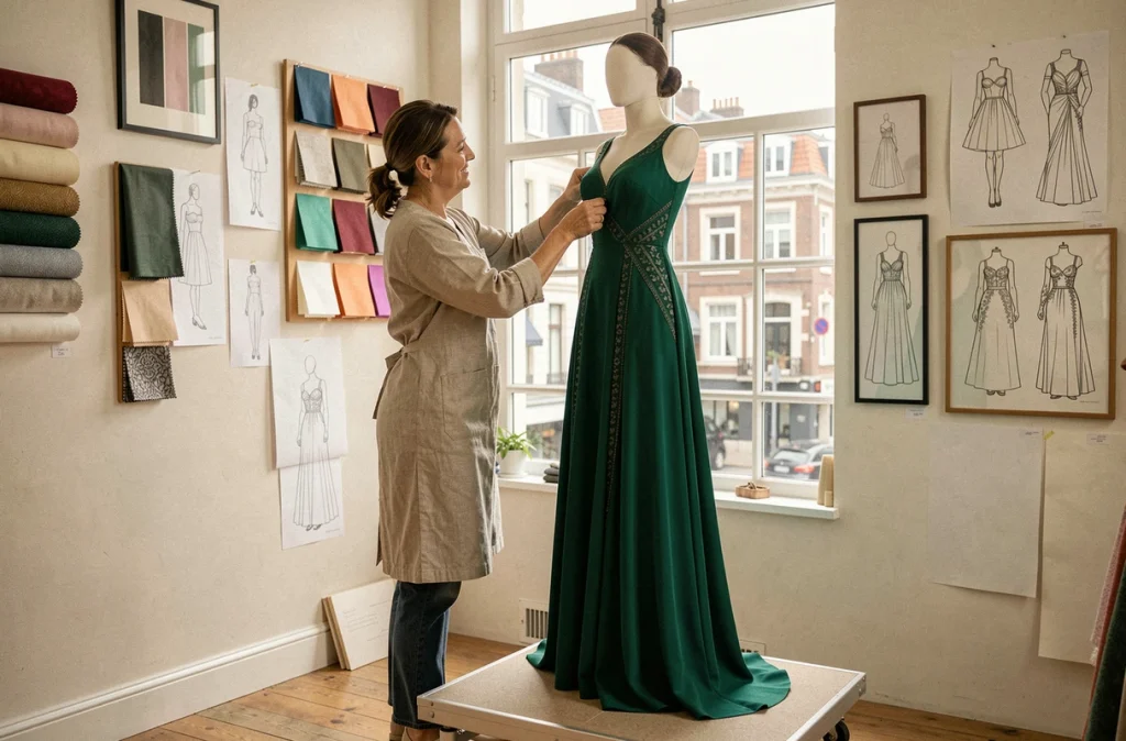 Constance Cellier épinglant une robe sur mesure vert émeraude sur une cliente dans son atelier de création à Lille