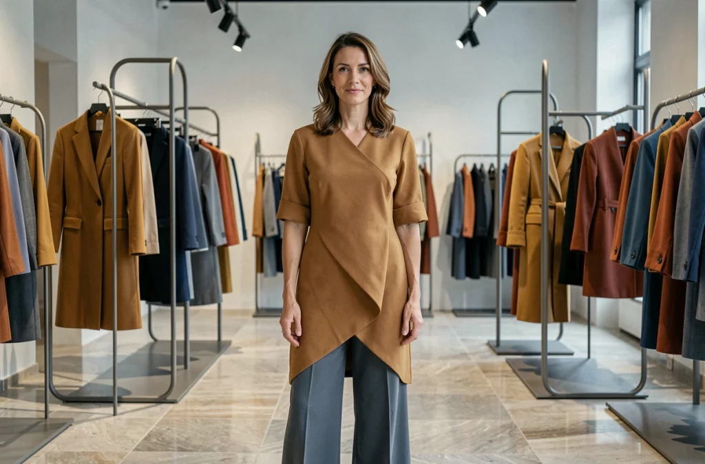 Boutique Cotélac à Brest avec une femme portant une tenue structurée aux couleurs ocre et ardoise dans un espace design