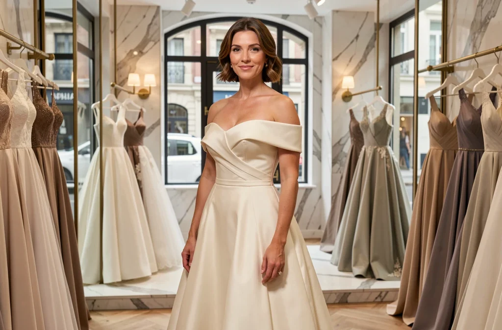 Femme portant une robe de cérémonie ivoire signée Cymbeline dans la boutique élégante de Lille