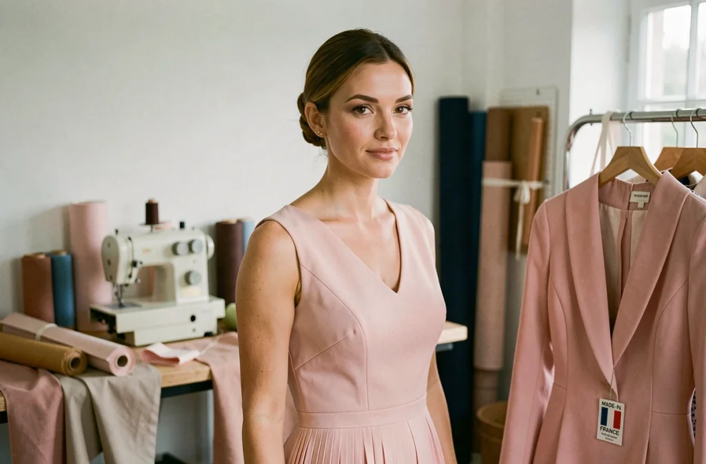 Femme en robe de cérémonie rose poudré confectionnée en France par Elsa Gary dans un atelier artisanal