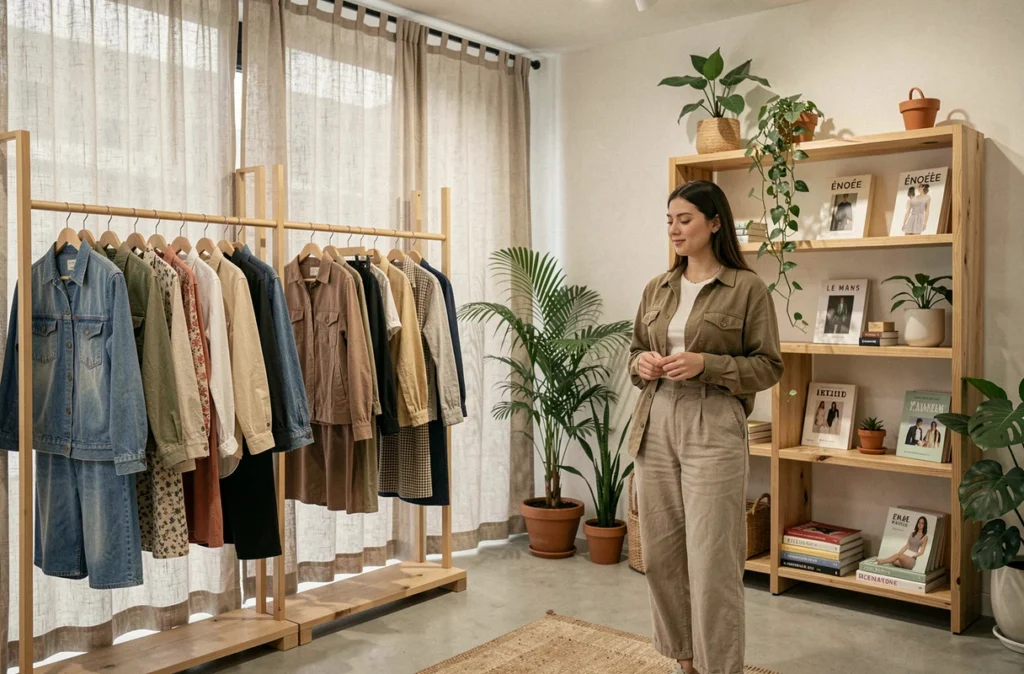 L'intérieur épuré de l'Énoée Concept Store au Mans mêlant mode vintage et vêtements durables sur des portants en bois naturel avec des plantes vertes