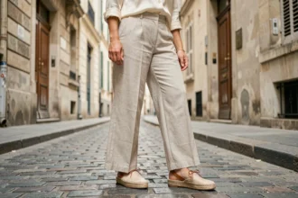 Femme portant des espadrilles artisanales à semelle en jute et bride en cuir cognac sur une rue pavée parisienne