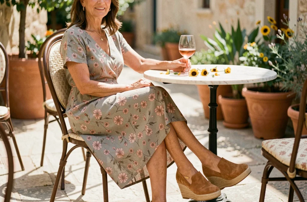 Femme en robe fleurie portant des espadrilles compensées en daim camel de marque de luxe en terrasse de café provençal