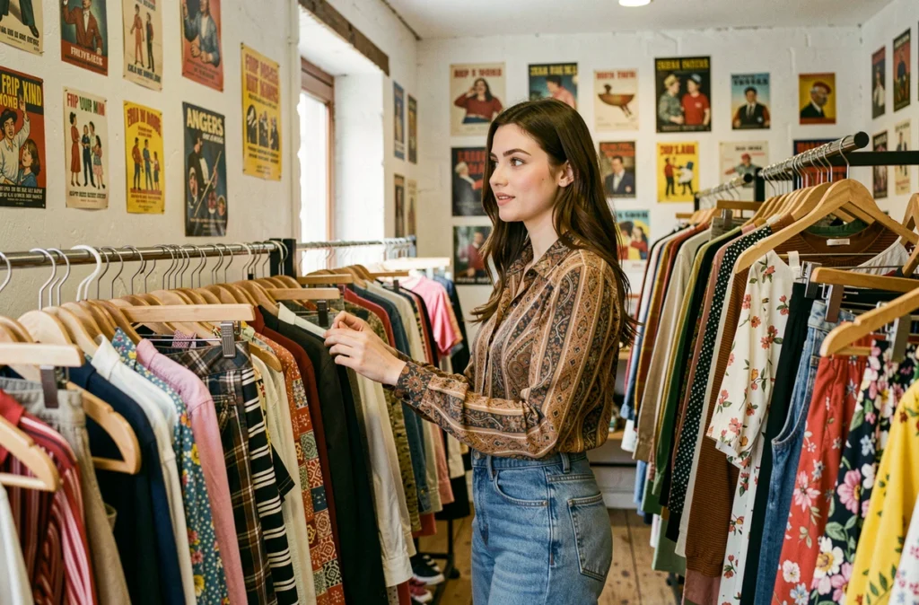 Une jeune femme parcourt les rayons de la friperie vintage Frip Your Mind à Angers entourée de vêtements colorés et de posters rétro