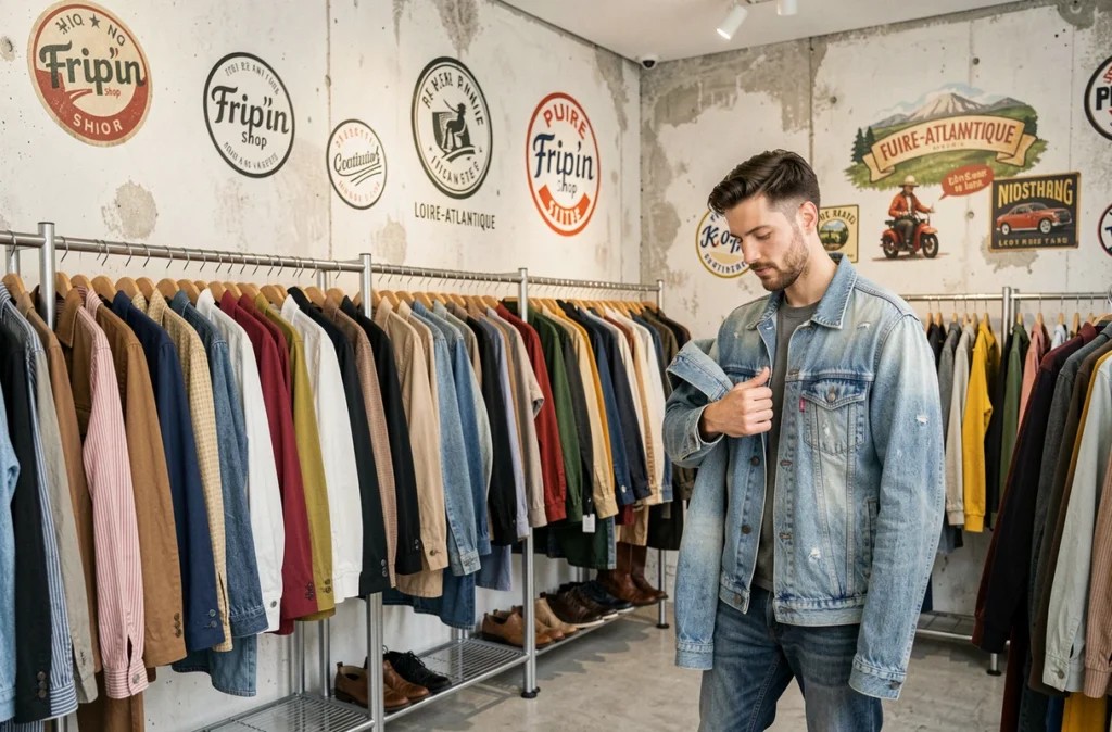 L'intérieur d'une boutique du réseau Frip'in Shop en Loire-Atlantique avec des racks métalliques organisés par couleur et une déco industrielle vintage