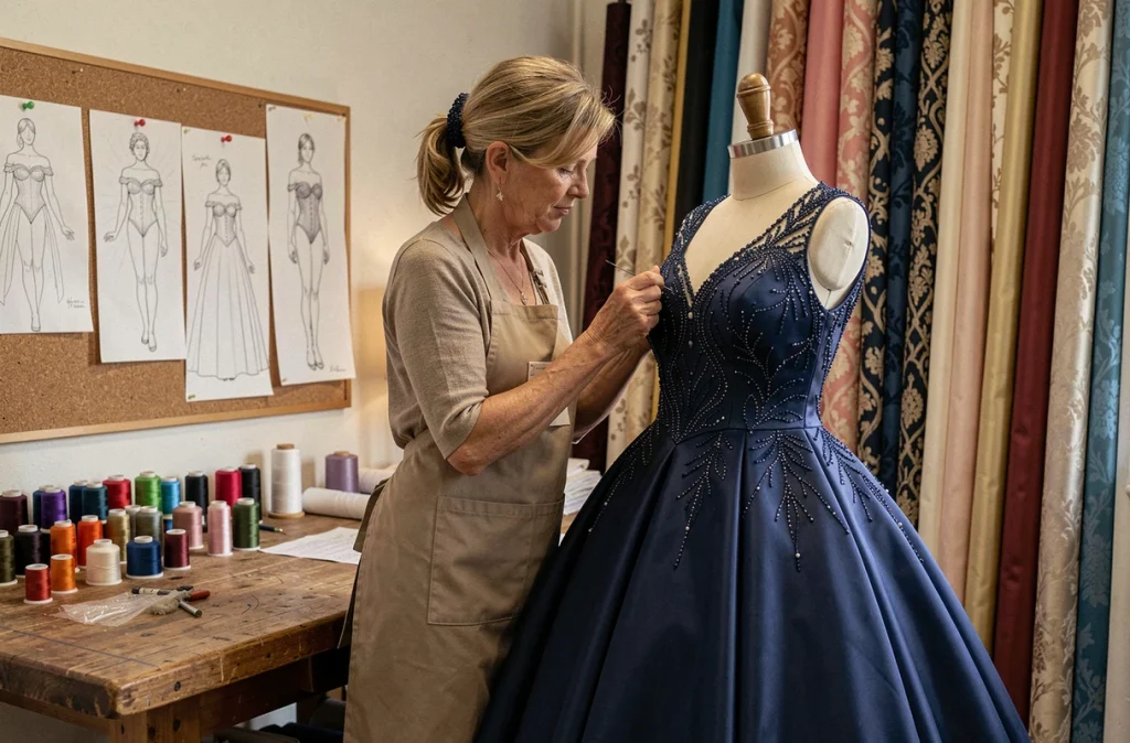 Couturière d'Hannachi Couture brodant à la main une robe de soirée bleu nuit sur mesure dans son atelier