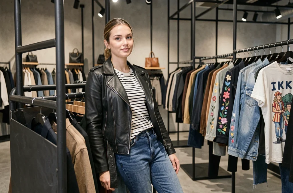 Boutique IKKS Women à Brest avec une femme en veste en cuir adoptant une pose décontractée dans un intérieur au style urbain